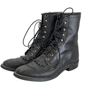 TEXAS Cowboy Boots Black Leather Roper Kiltie Boots